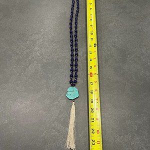 Royal blue beaded necklace with turquoise stone and tassel